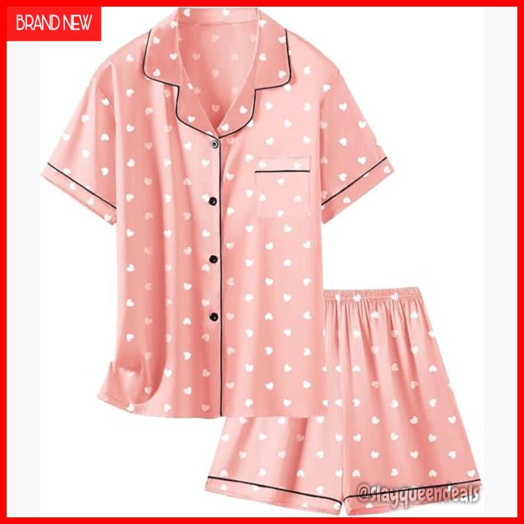 Satin Pajama Set, Short Sleeve Button Down Top With Elastic Waist Shorts